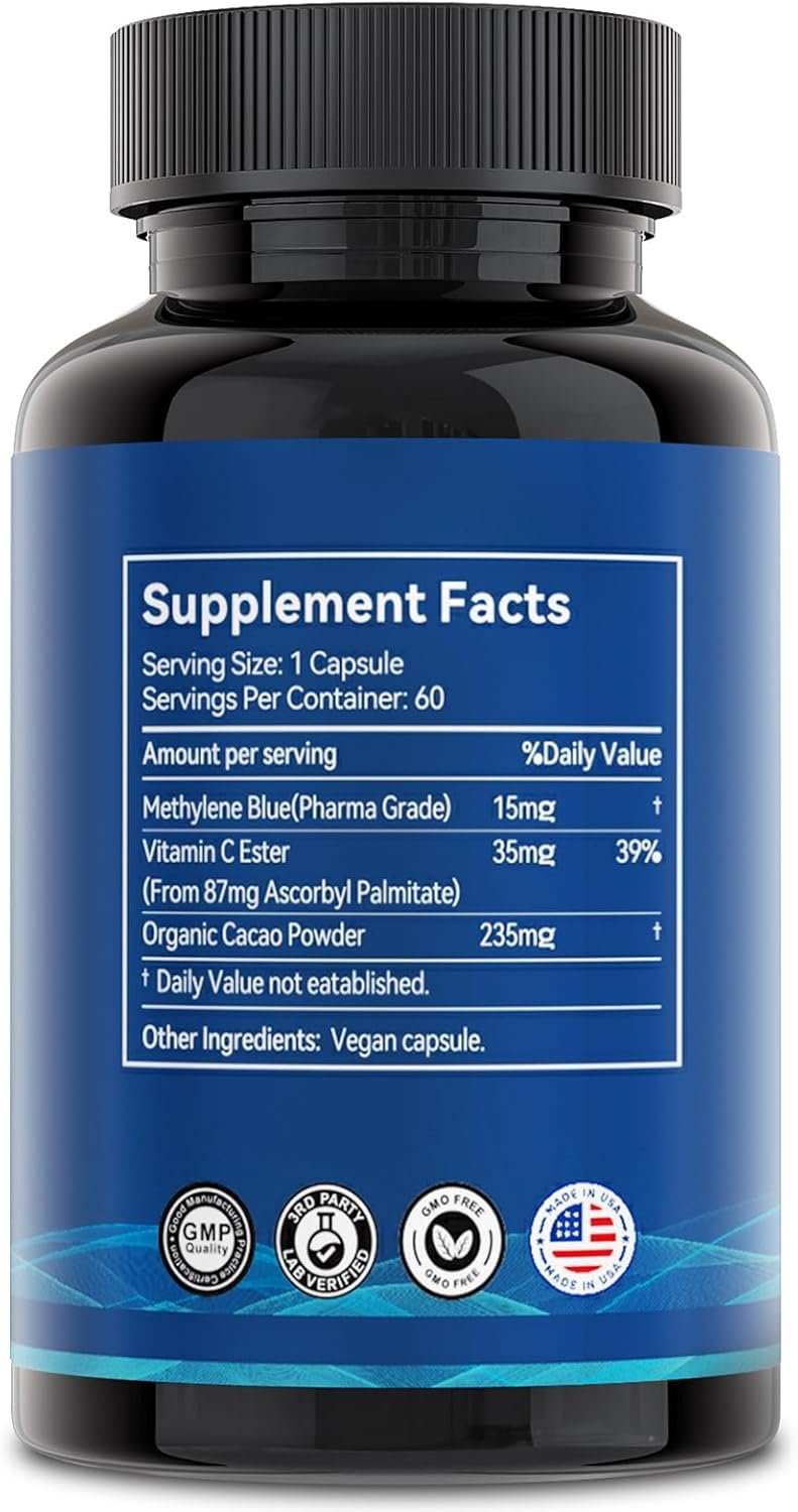 Methylene Blue Capsules, 99.99% Purity USP Pharmaceutical Grade Methylene Blue for Humans, Added Vitamin C Easter & Cocoa Powder, 60 Capsules - Image 6