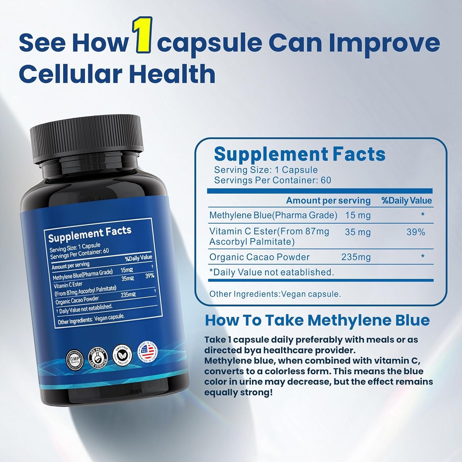 Methylene Blue Capsules, 99.99% Purity USP Pharmaceutical Grade Methylene Blue for Humans, Added Vitamin C Easter & Cocoa Powder, 60 Capsules - Image 3
