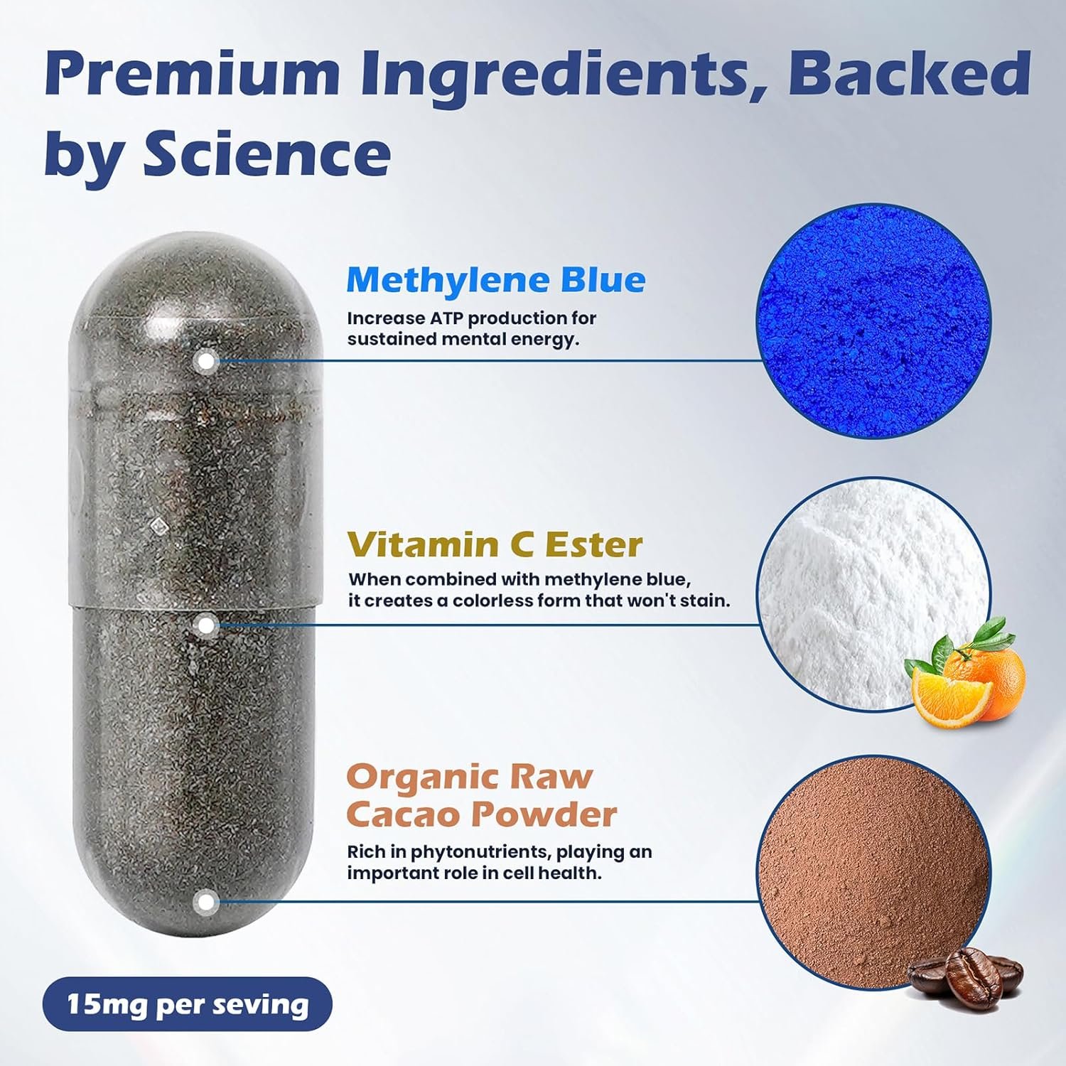 Methylene Blue Capsules, 99.99% Purity USP Pharmaceutical Grade Methylene Blue for Humans, Added Vitamin C Easter & Cocoa Powder, 60 Capsules - Image 7